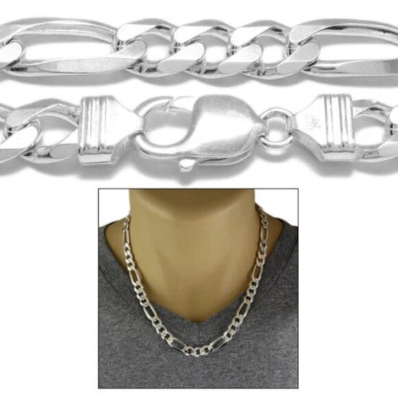 STERLING SILVER FIGARO CHAIN NECKLACE 9MM (GAUGE 250). AVAILABLE IN 5 LENGTHS. - Picture 1 of 3